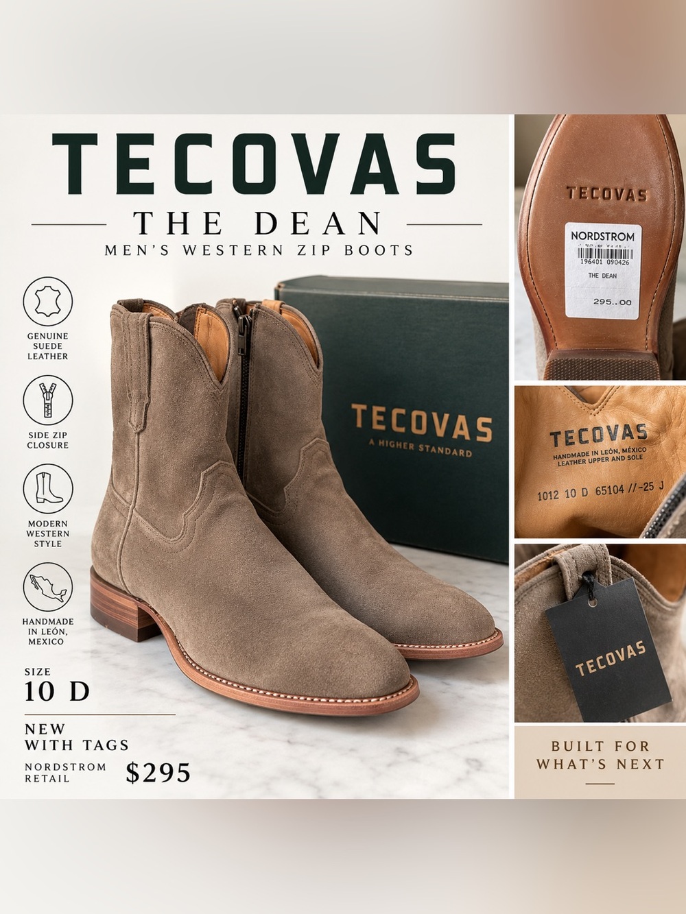 NWT Tecovas The Dean Men’s 10 D Suede Western Zip Boots Taupe Brown $295